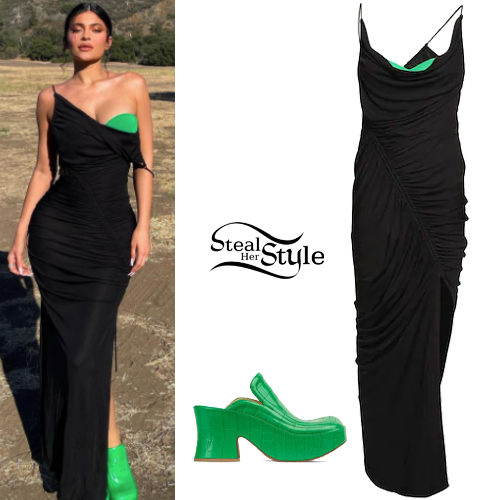 Kylie Jenner: Black Dress, Green Platforms