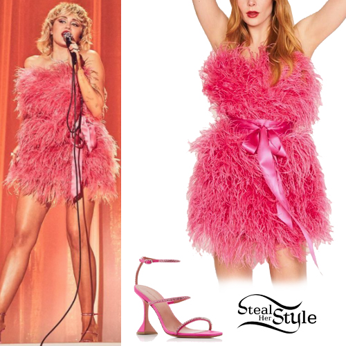 Miley Cyrus: Pink Feather Dress and Sandals