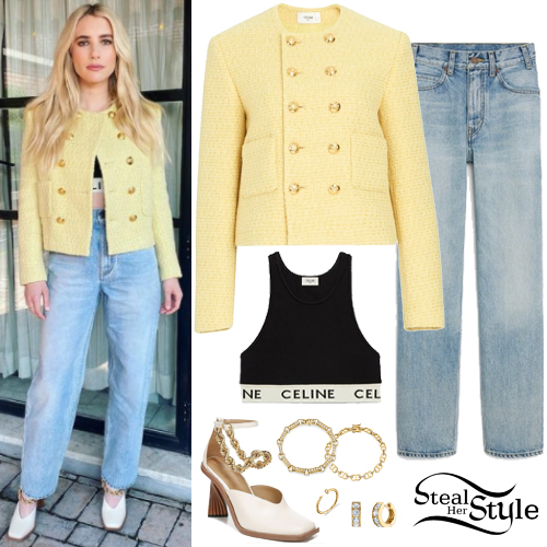 Emma Roberts wears a knitted yellow cardigan and denim shorts during a  shopping trip to Louis