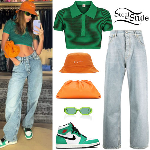Hailey Baldwin: Green Top, Orange Hat