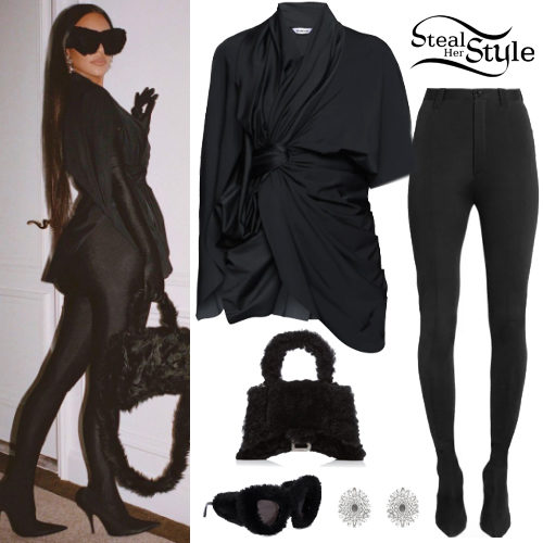 Who made Kim Kardashian's gold chain sunglasses, leather pants, boots, and  handbag? – OutfitID