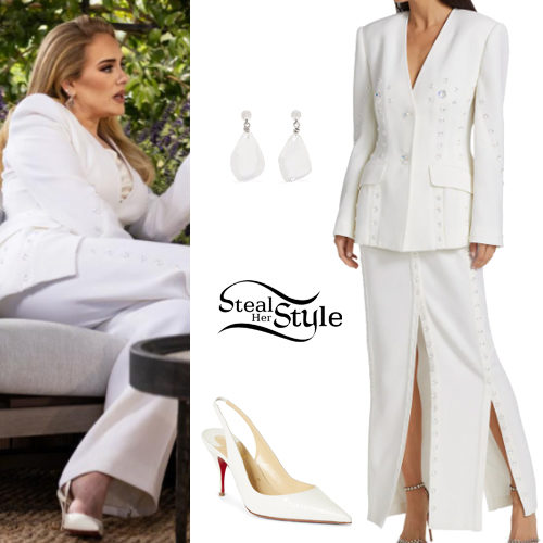 Adele: White Embellished Suit and Pumps