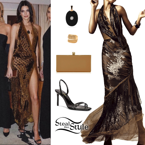 Kendall Jenner: Brown Gown, Black Sandals