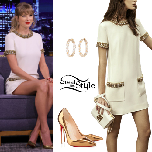 Taylor Swift: White Mini Dress, Gold Pumps | Steal Her Style