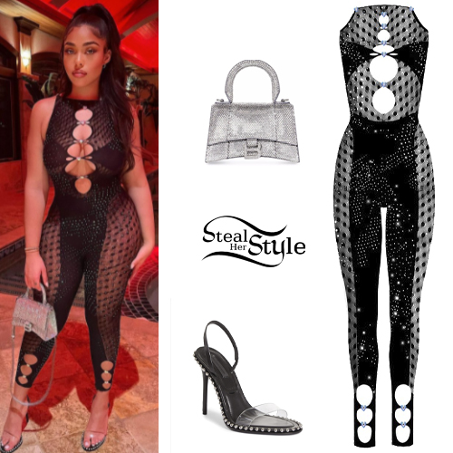 Jordyn Woods: Black Mini Dress, Perspex Sandals