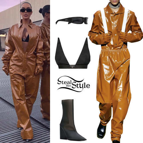 Kim Kardashian: Brown Jumpsuit, Black Bralet | Steal Her Style