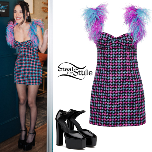 Olivia Rodrigo: Tweed Feather Dress, Black Shoes | Steal Her Style