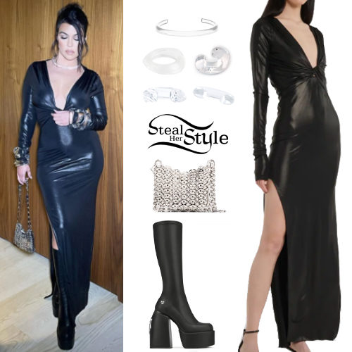 head teacher Decorative pasta Kourtney Kardashian: Black Dress, Platform Boots | Steal Her Style
