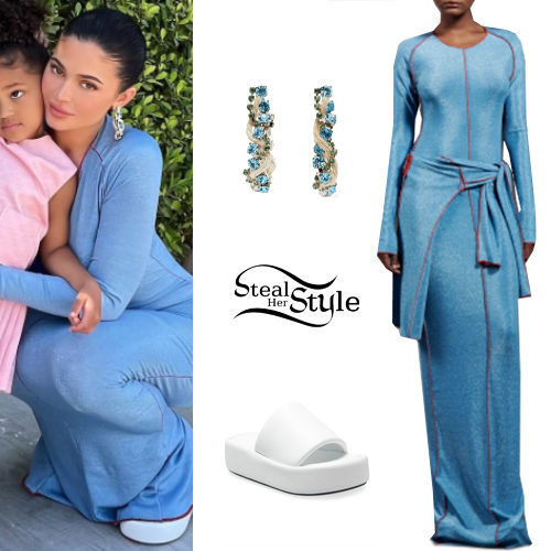 Kylie Jenner: Blue Dress, White Platform Slide