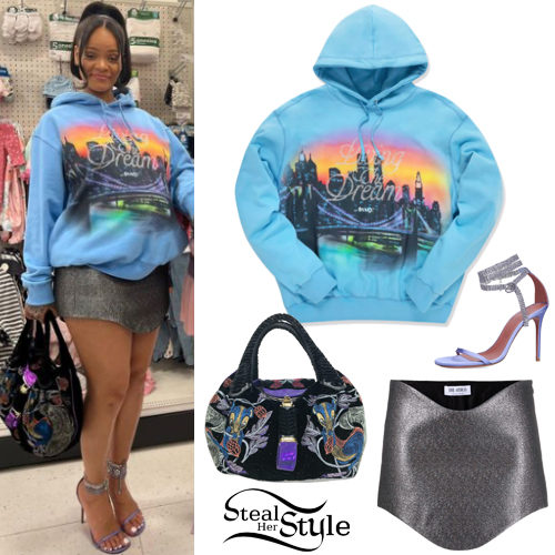 Rihanna: Blue Hoodie, Metallic Skirt