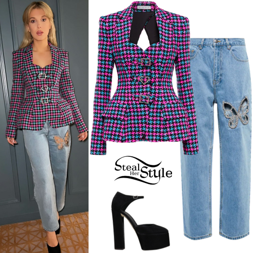 Millie Bobby Brown: Houndstooth Blazer, Cutout Jeans