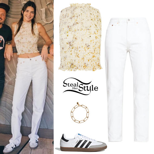 Who made Kendall Jenner's print top, blue jeans, white ankle boots, key  chain…