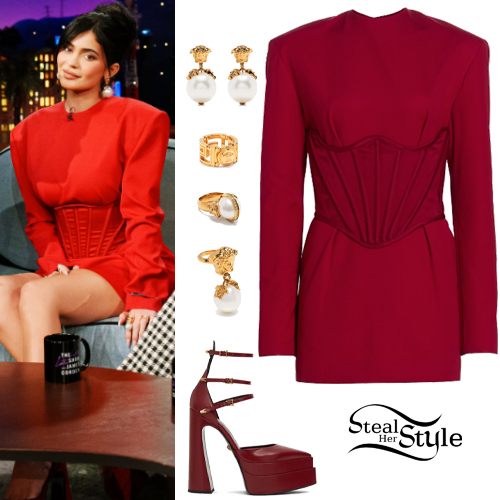 Kylie Jenner: Red Satin Lingerie and Pumps