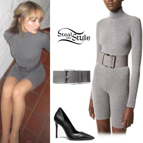 Sabrina Carpenter: Grey Bodysuit, Biker Shorts