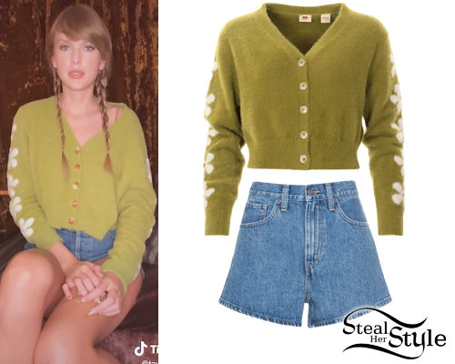 Taylor Swift: Green Cardigan, Denim Shorts | Steal Her Style