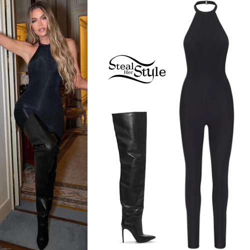 Khloe Kardashian in a Skims Black Jelly Sheer Full Bodysuit and