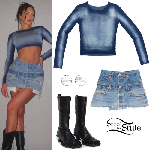 Anastasia Karanikolaou: Blue Crop Top, Denim Skirt | Steal Her Style