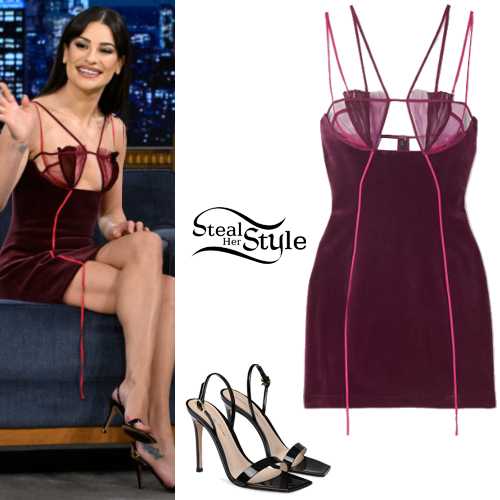 Lea Michele Burgundy Dress Black Sandals Steal Her Style