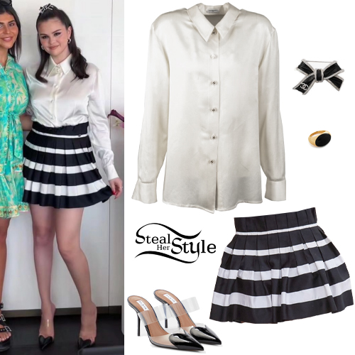 Selena Gomez White Blouse, Striped Skirt Steal Her Style