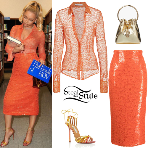 Beyoncé: Orange Lace Shirt and Midi Skirt | Steal Her Style