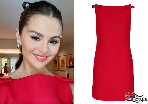 Selena Gomez in blue Miaou Talia corset and denim Zara skirt