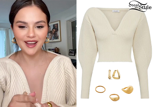 Selena Gomez: Ribbed Sweater, Gold Jewelry | Steal Her Style