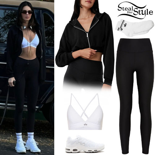 Who made Kendall Jenner's green jacket, black leggings, and white sneakers?  – OutfitID