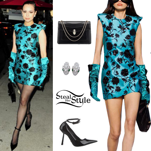 Sofia Carson: Blue Floral Mini Dress, Black Pumps | Steal Her Style