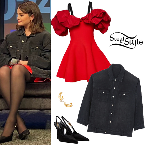 » Selena Gomez: Red Mini Dress, Black Denim Jacket