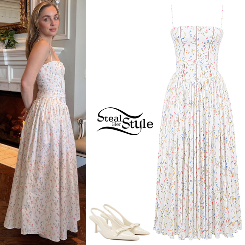 Alexa Losey: Printed Maxi Dress, White Pumps 