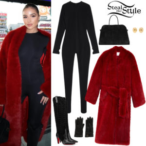 » Olivia Culpo: Red Coat, Black Catsuit