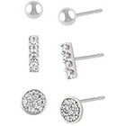 Target Set of 3 Ball, Pave and Bar Stud Earrings with Gift Box in Sterling Silver - Silver/Clear