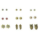 Target Owl, Feather, Flowr and Round Stud Earrings Set of 9 - Gold
