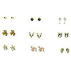 Target Turtle, Rose, Deer, Wing, Owl, Key and Snake Stud Earrings Set of 9 - Gold/Crystal/Black/White