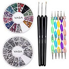 Amazon High Quality Professional Nail Art Set Kit With Pack of Silver Gems Rhinestones Crystals, Premium Manicure 12 Colors Gemstones Wheel, Fine Detail Wooden Nailart Brushes and Double Ended Dotting Marbling Tools By VAGAÂ®