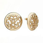 1928 Gold Tone Filigree Button Stud Earrings
